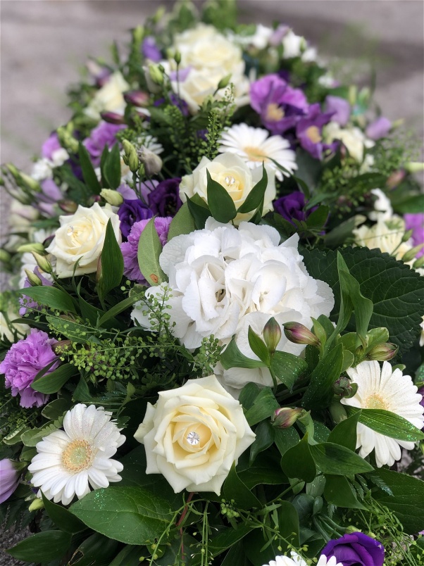 Casket Sprays | Funeral Flowers | Purple & Cream Casket Spray