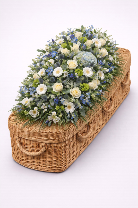 Casket Sprays | Funeral Flowers | Blue and White Casket Spray