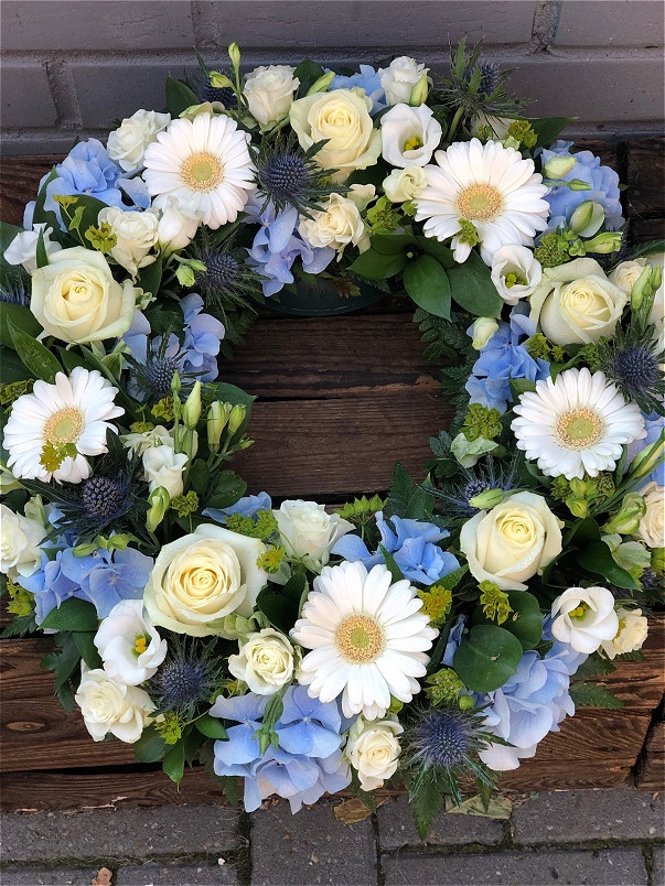 Funeral Flowers | Wreaths | Blue and White Wreath