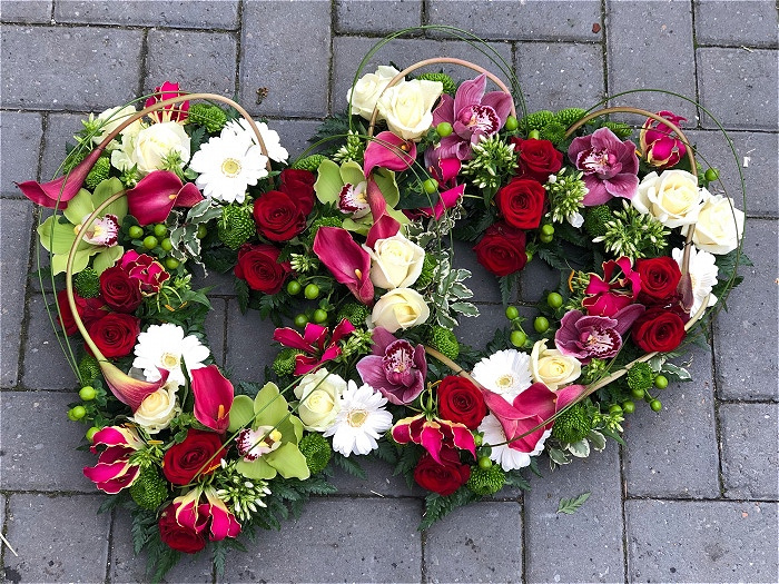Funeral Flowers | Heart Tributes | Rose & Calla Entwined Hearts
