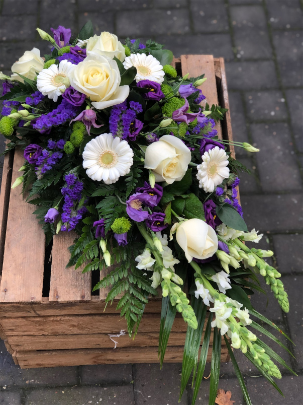 Funeral Flowers | Teardrop Sprays | Purple & White Teardrop Spray