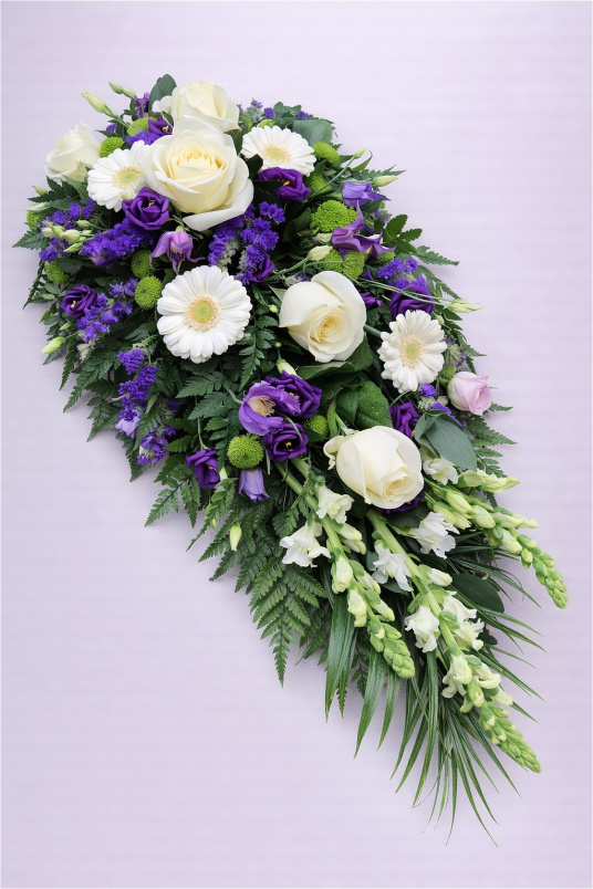 Funeral Flowers | Teardrop Sprays | Purple & White Teardrop Spray