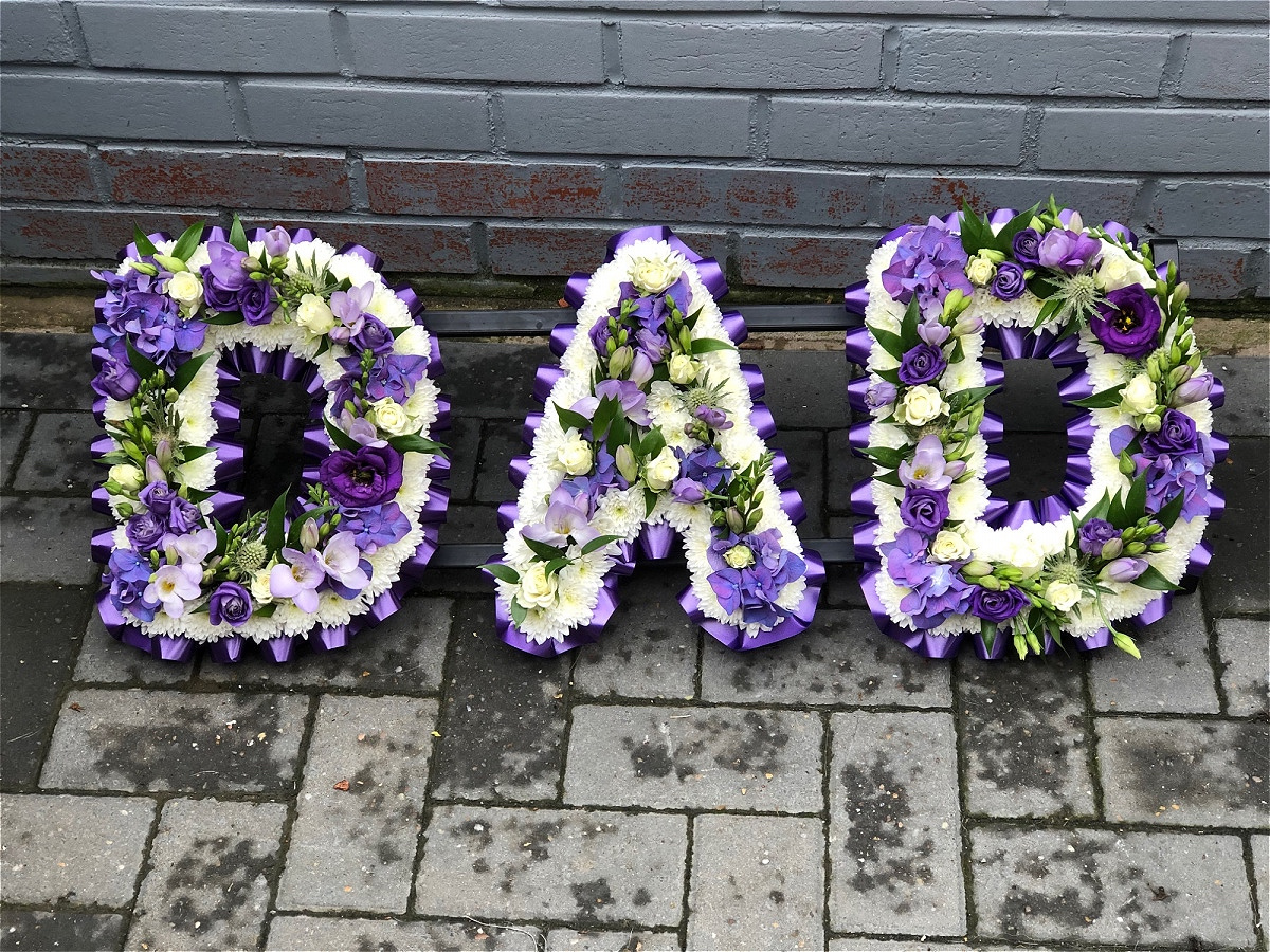 Dad Vintage Style Letters Funeral Flowers Vanilla Blue Flowers