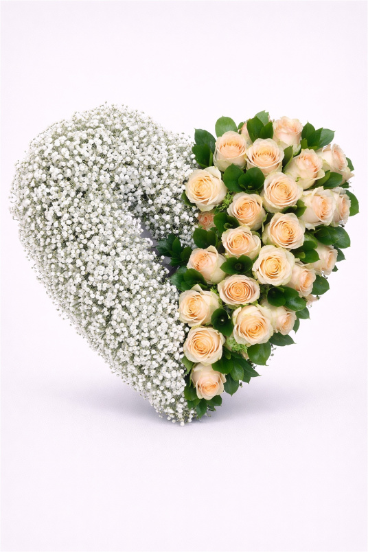 Funeral Flowers | Heart Tributes | Gypsophlia & Rose Open Heart