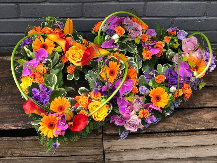 Funeral Flowers | Heart Tributes | Purple & Orange Entwined Hearts