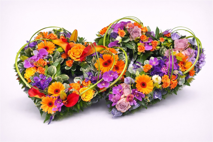 Funeral Flowers | Heart Tributes | Purple & Orange Entwined Hearts
