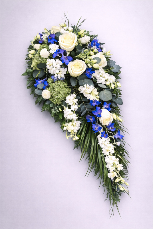 Funeral Flowers | Teardrop Sprays | Blue & White Teardrop Spray