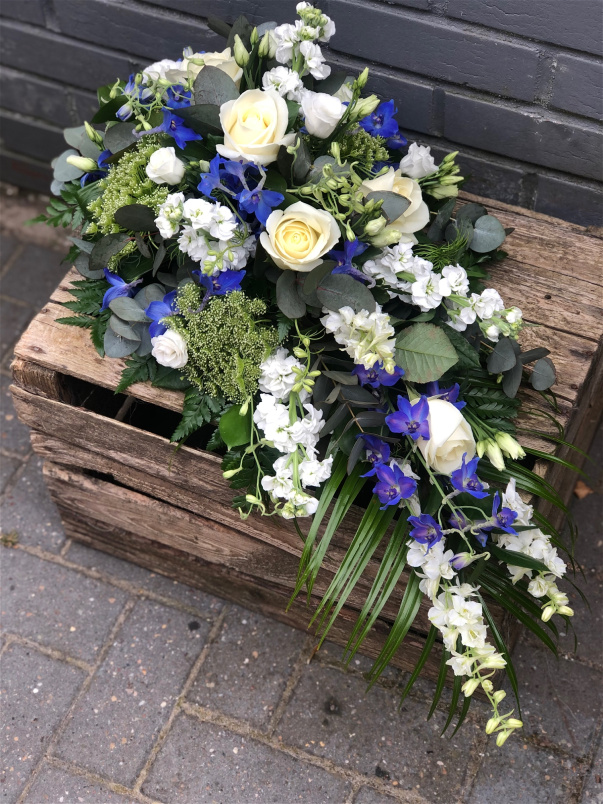 Funeral Flowers | Teardrop Sprays | Blue & White Teardrop Spray