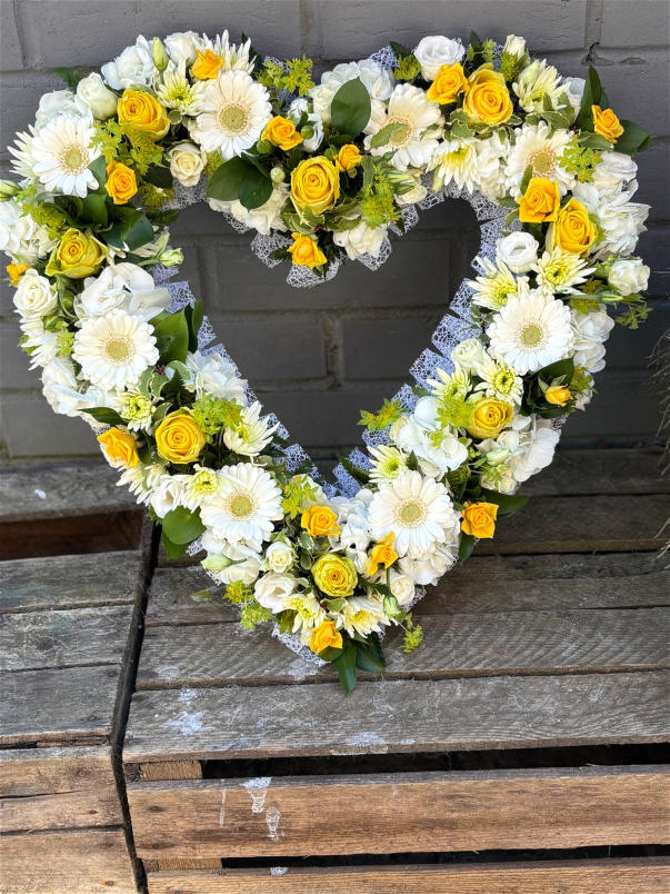 Funeral Flowers | Heart Tributes | Yellow Open Heart