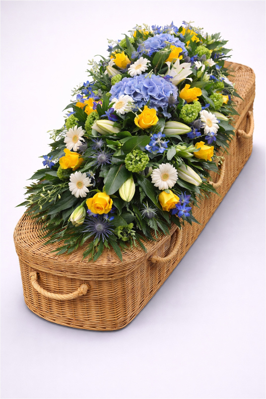 Casket Sprays | Funeral Flowers | Blue & Yellow Casket Spray