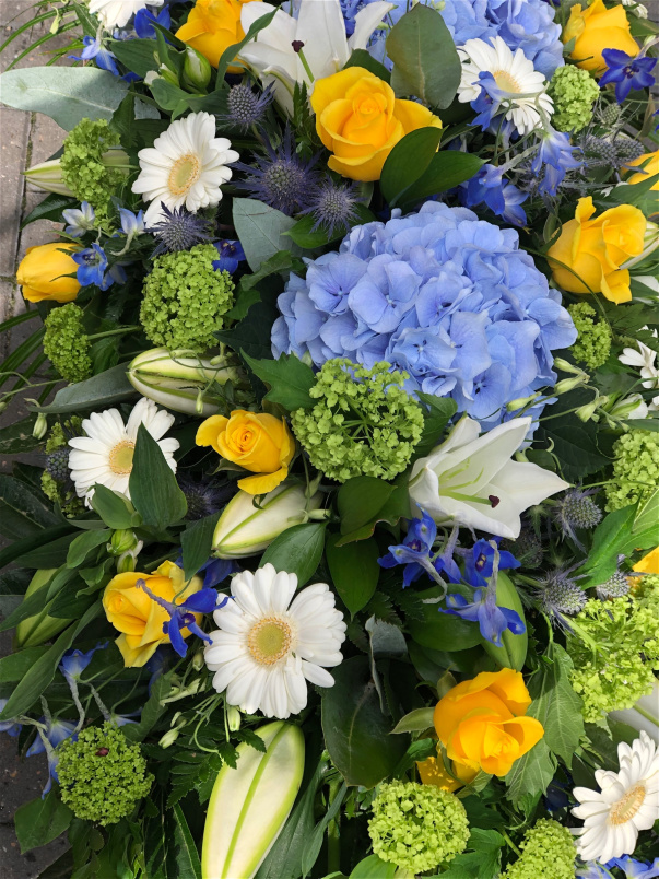 Casket Sprays | Funeral Flowers | Blue & Yellow Casket Spray