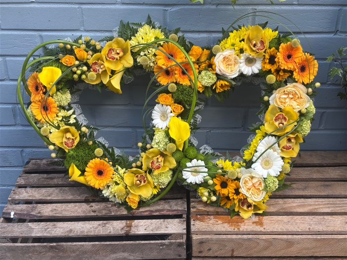 Funeral Flowers | Heart Tributes | Yellow Entwined Hearts