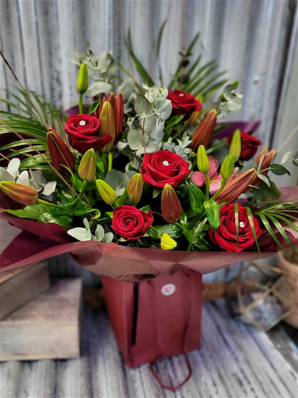 Valentines Collection | Romance Rose and Lily Bouquet in Shades of Red