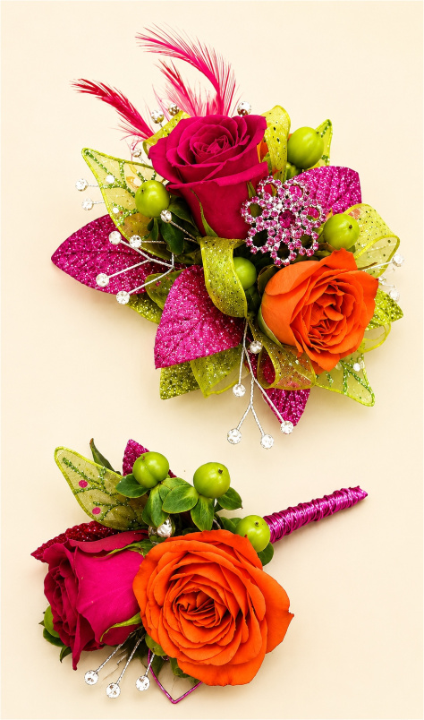 prom corsages & flowers | Wrist corsage and buttonhole bright