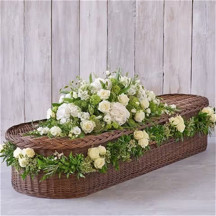 Funeral & Sympathy  | Large white Casket spray with Rose Garland