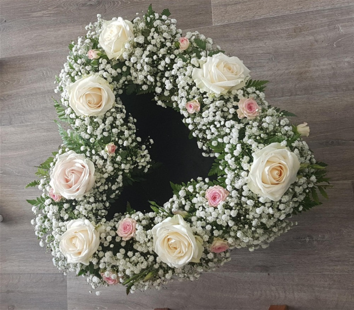 Funeral flowers Crewe. | hearts | Gypsophylla and rose