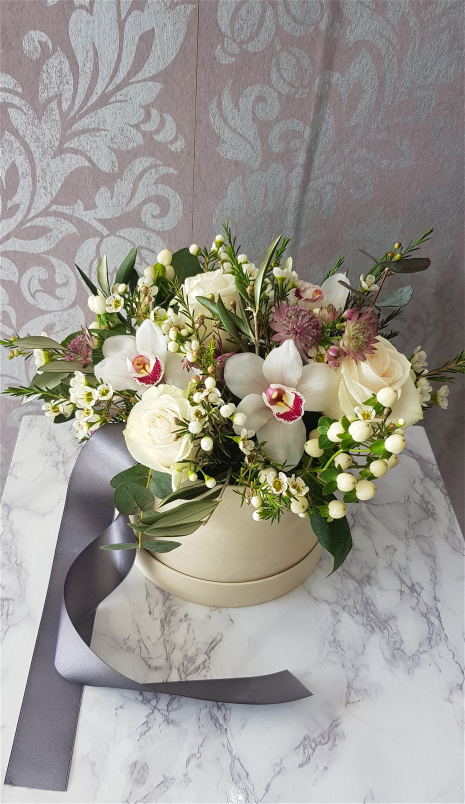  bouquet  flowers in Crewe | Floral Arrangements in oasis. | Catherine- £35-£55 hatbox arrangement