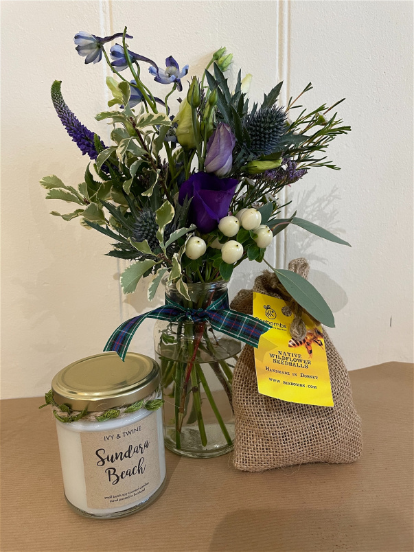 Gifts | Mother's Day 2023 | Mother's Day 2024 | Mother's Day 2025 | Our Flowers and flower vases | Valentines Day  | Mini jam jar/milk bottle of flowers with Candle & Bee Bomb gift