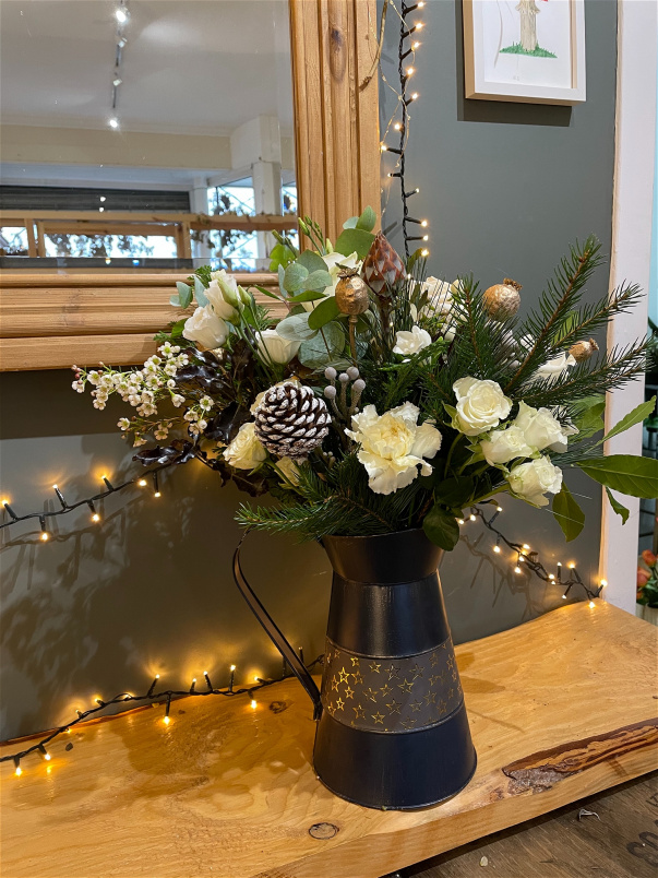 Christmas 2021 | Christmas 2022 | Christmas 2023 | Christmas at The Woodland Florist  | Christmas at The Woodland Florist 2025 | Zinc Star Jug with Arrangement