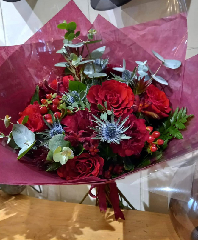 Valentine's Day 2025 | Valentine's Day at The Woodland Florist | Red rose and thistle bouquet