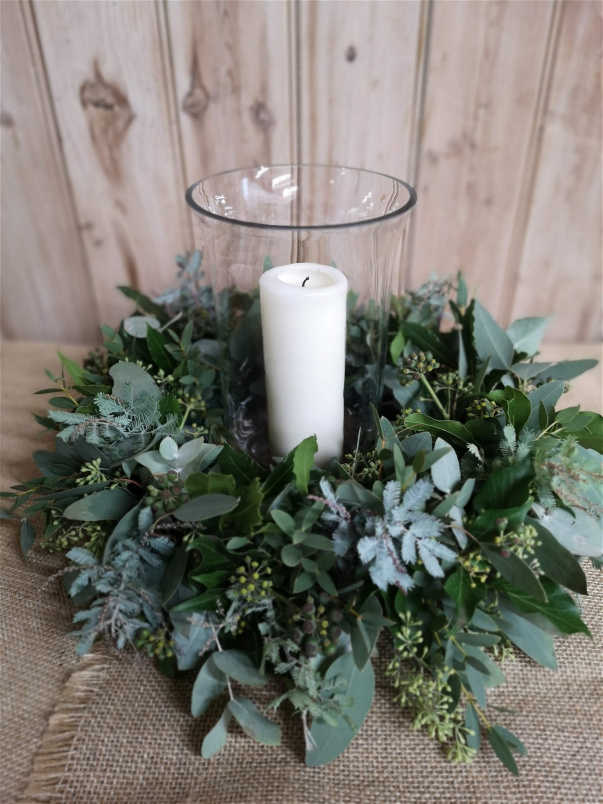 Fresh Christmas Table Arrangements Hand-made & delivered in Kent | Upsell gifts | Hurricane Lamp and Pillar Candle
