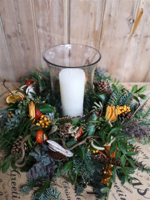 Fresh Christmas Table Arrangements Hand-made and delivered in Kent | Upsell gifts | Hurricane Lamp and Pillar Candle
