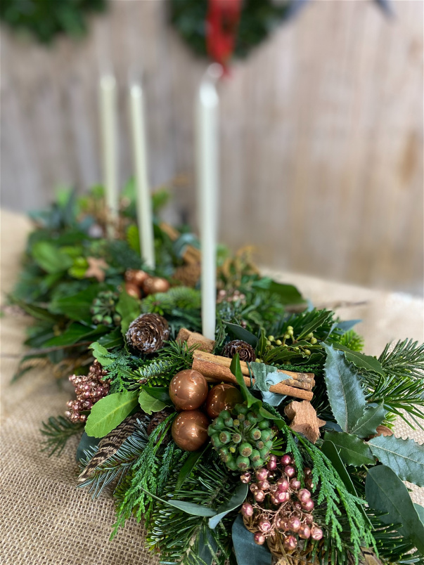Fresh Christmas Table Arrangements Hand-made and delivered in Kent | Nutmeg Long Table Arrangement