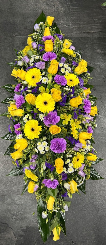 All Funeral Tributes | Casket sprays | Purple and yellow Casket Spray
