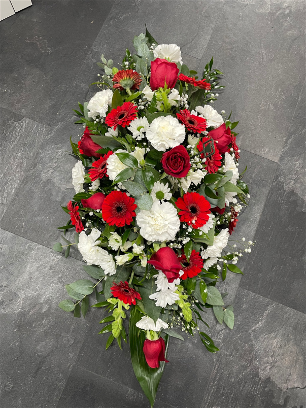 All Funeral Tributes | Casket sprays | Red and White Caske Spray