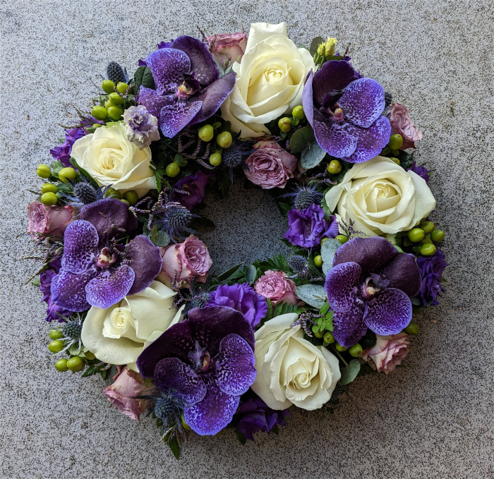 Funeral and Sympathy Flowers  | Funeral Wreaths | Violet Wreath Arrangement