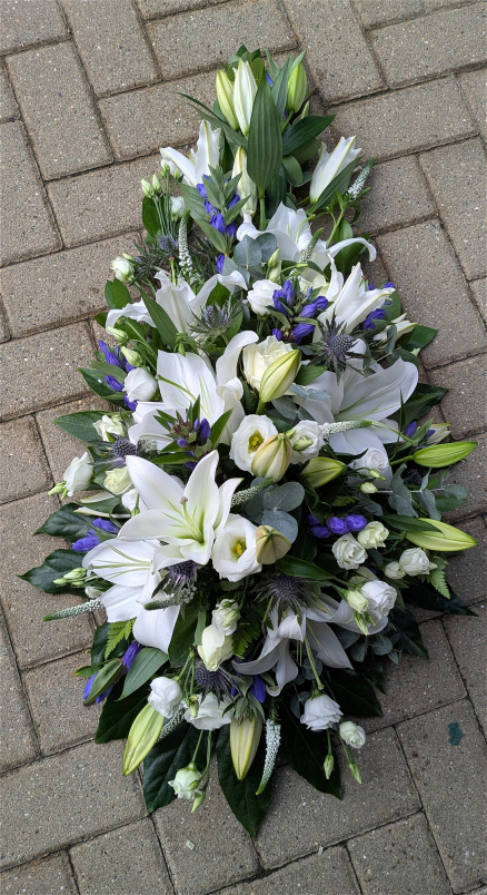Funeral and Sympathy Flowers  | Single Ended Sprays | White and Blue Spray