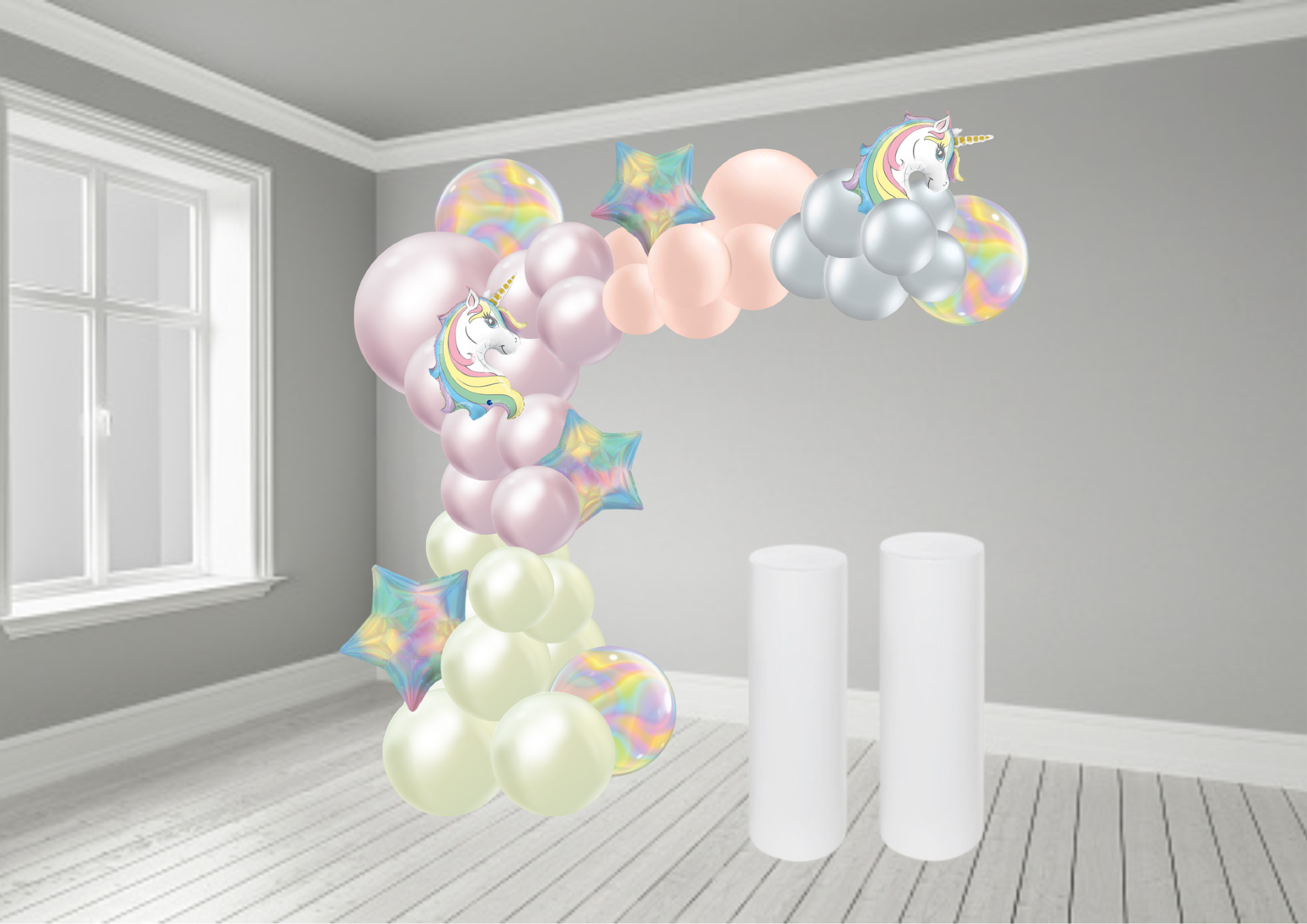 Half balloon arch with theme and cake stands