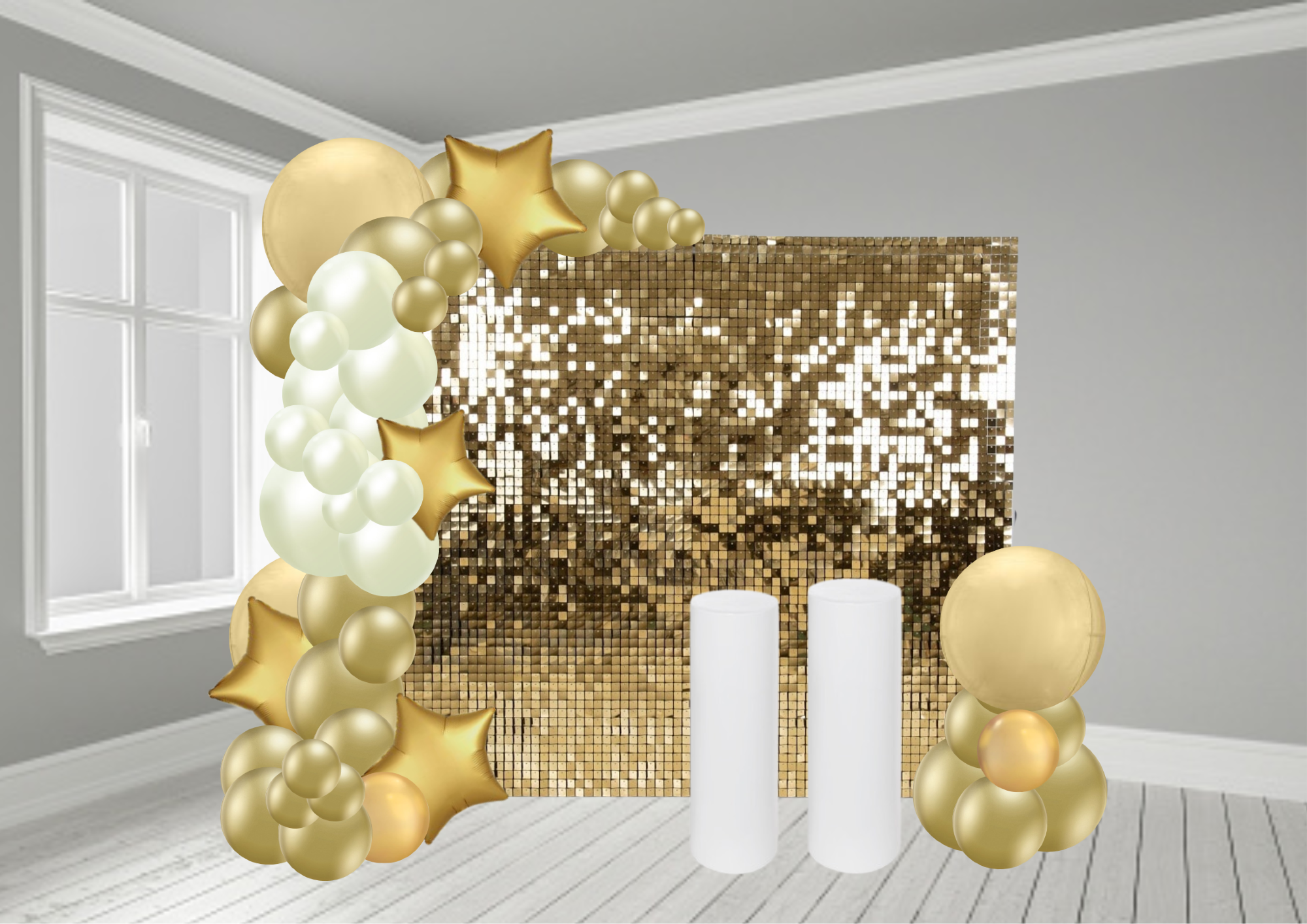 Sequin wall & half balloon arch with cake stands.