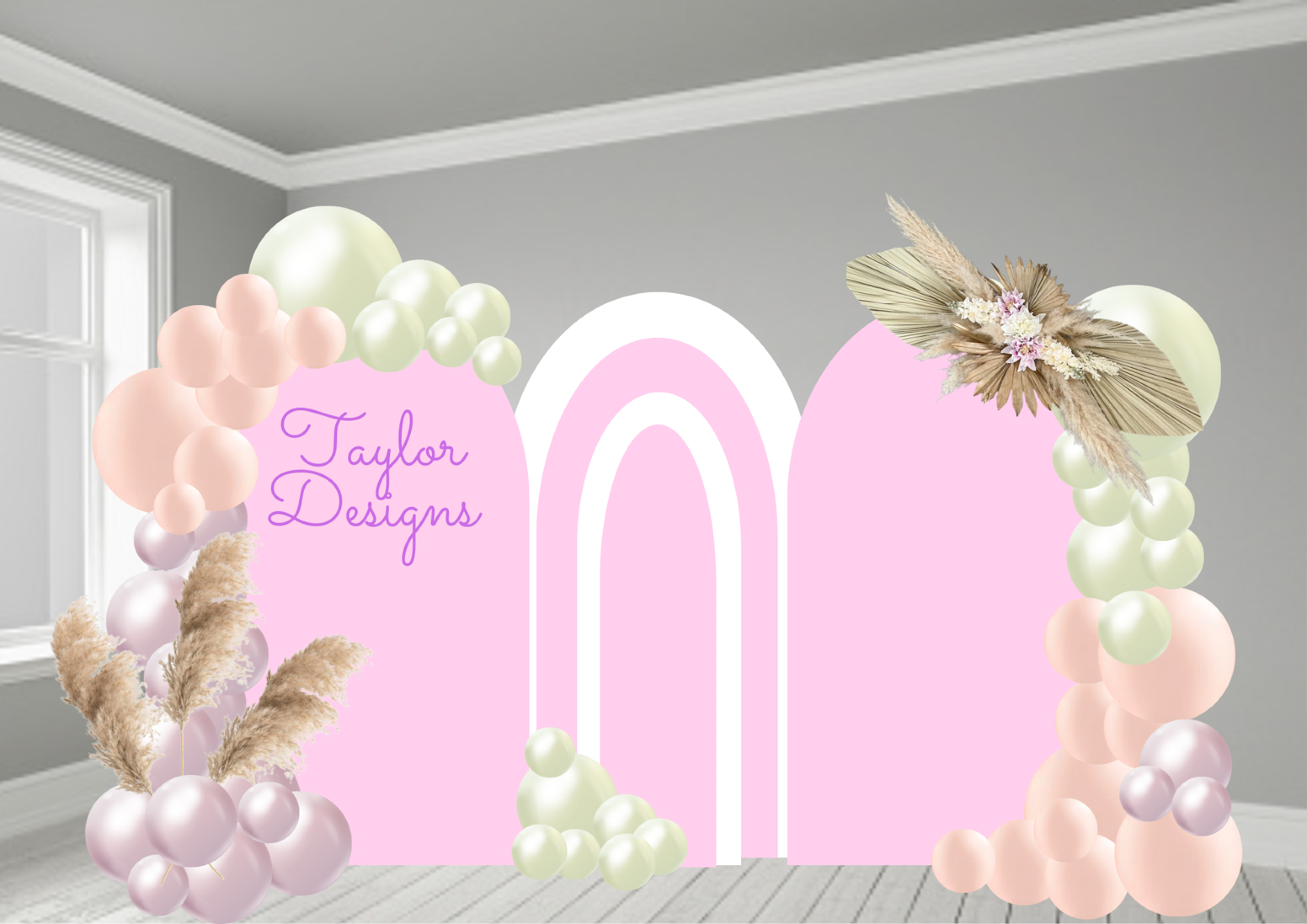 Balloon arch 3 x backdrop with personalisation & flowers.