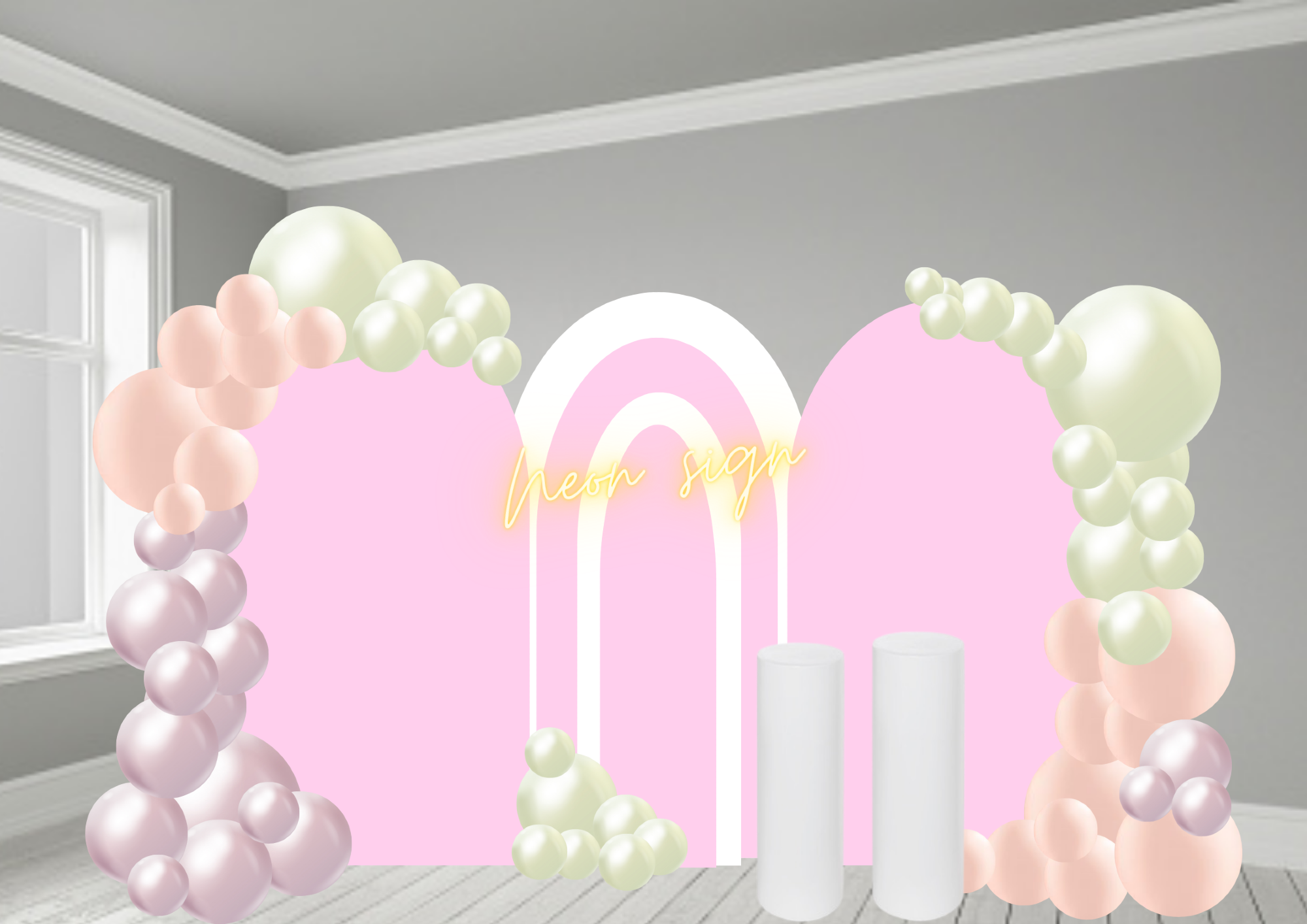 Balloon arch 3 x backdrop with neon sign.