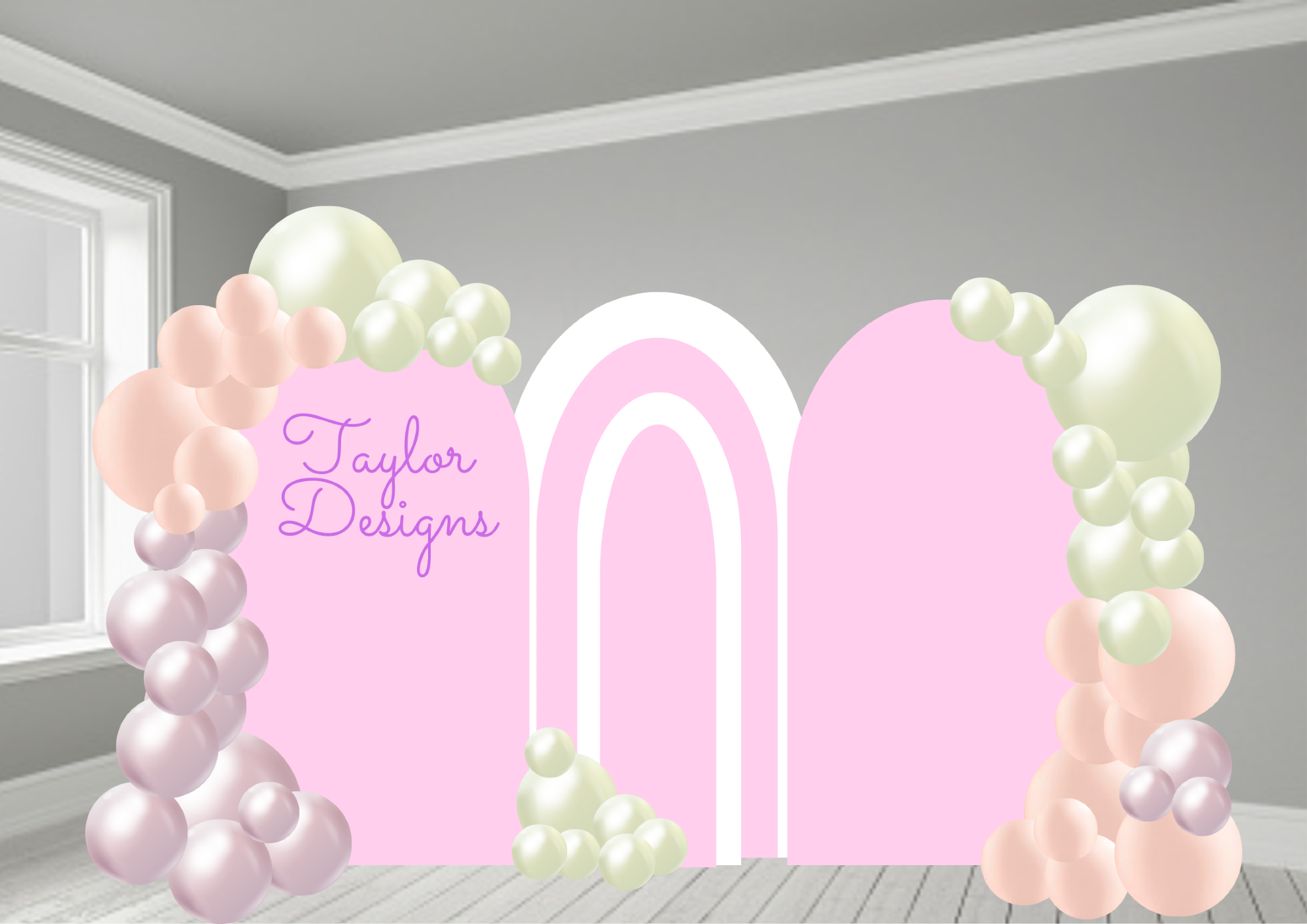 Balloon arch 3 x backdrop with personalisation.