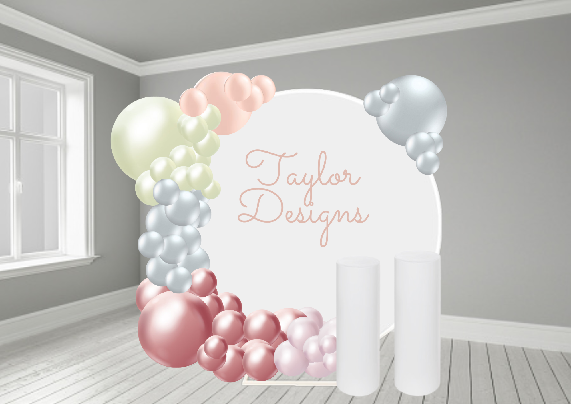 Round half balloon backdrop with personalisation and cake stands.