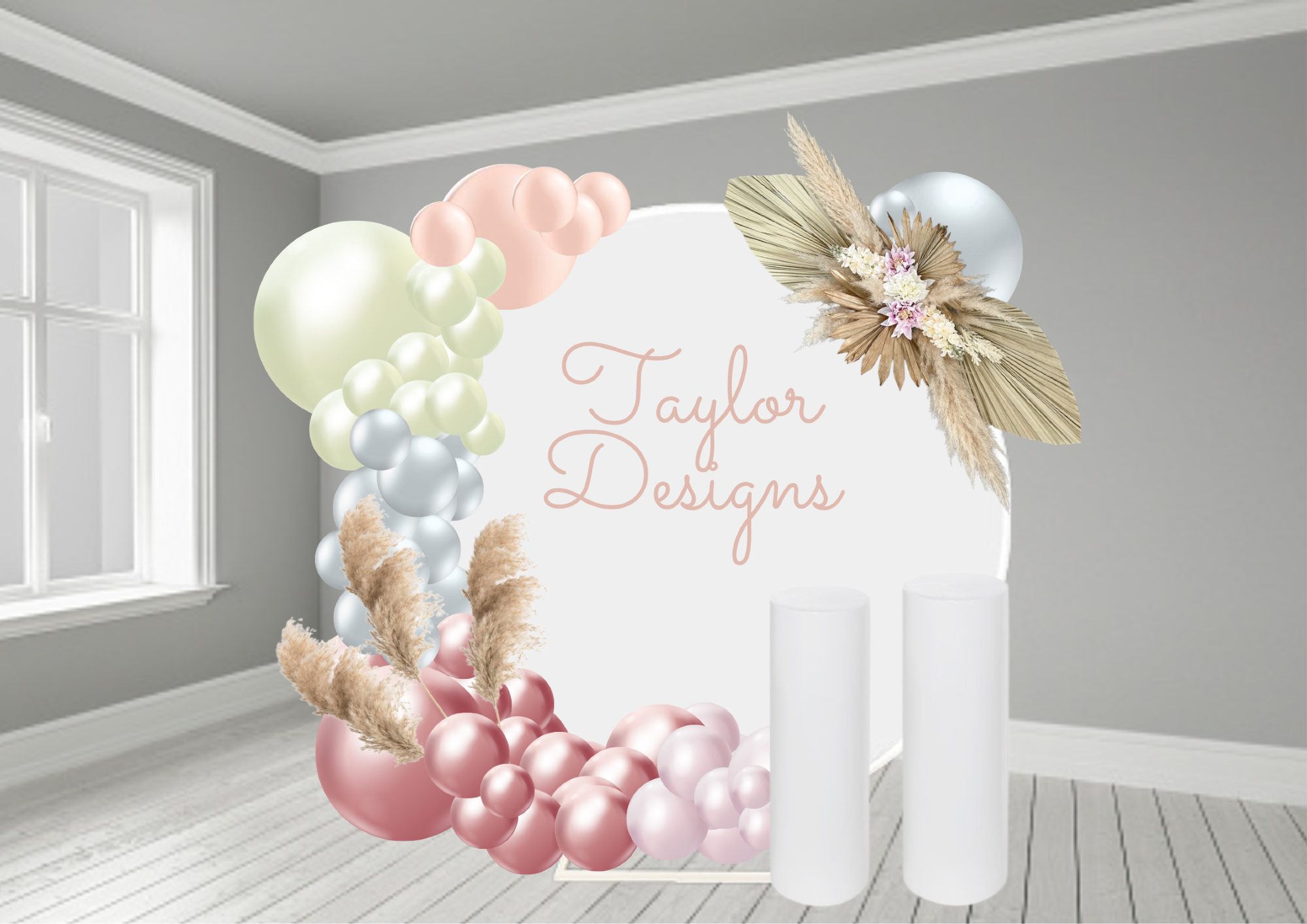 Round half balloon backdrop with personalisation and cake stands and flowers.