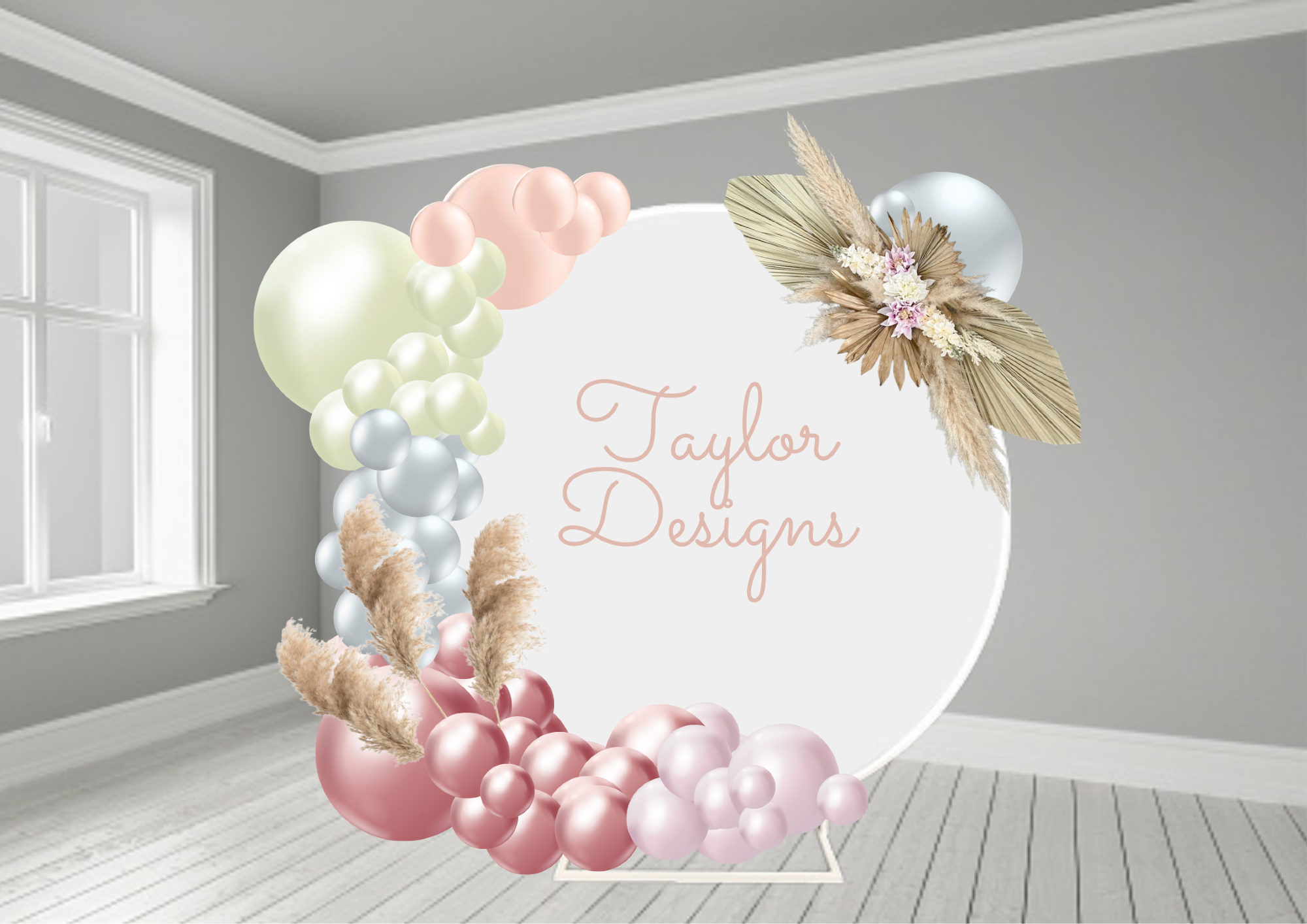 Round half balloon backdrop with personalisation and flowers.