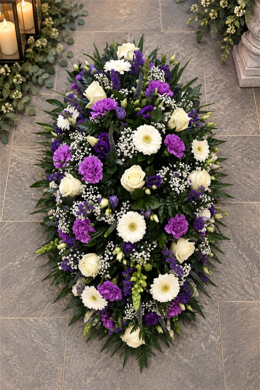 Funerals & Sympathy | Purple, Lilac and White Coffin Spray