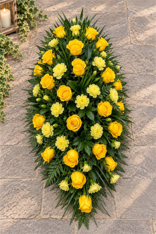 Funerals & Sympathy | Yellow Rose and Carnation Coffin Spray