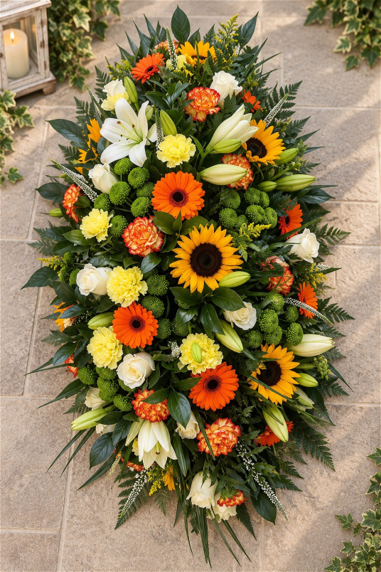 Funerals & Sympathy | Orange, yellow, green and white coffin spray