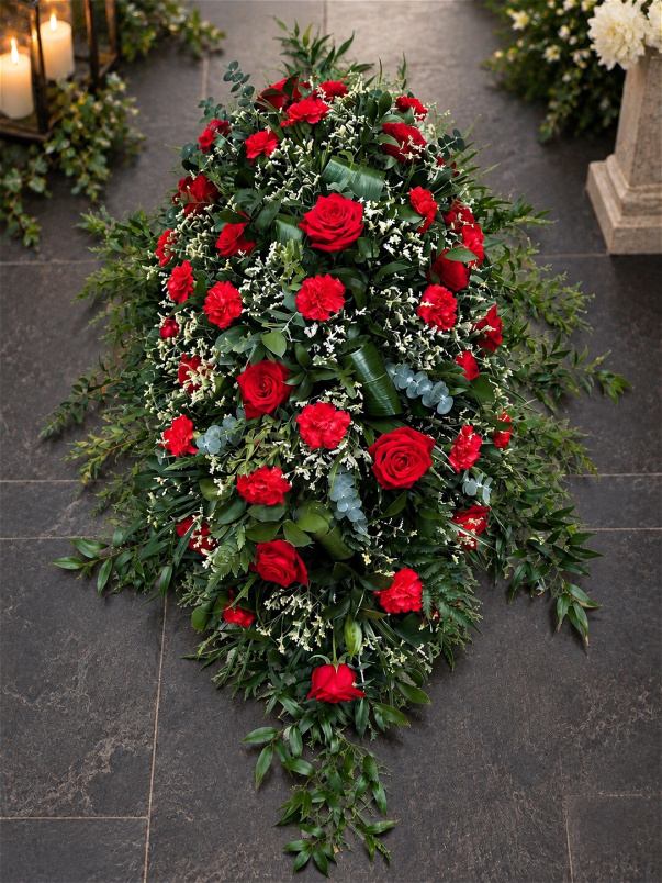Funerals & Sympathy | Red Rose and Carnation with trailing foliage