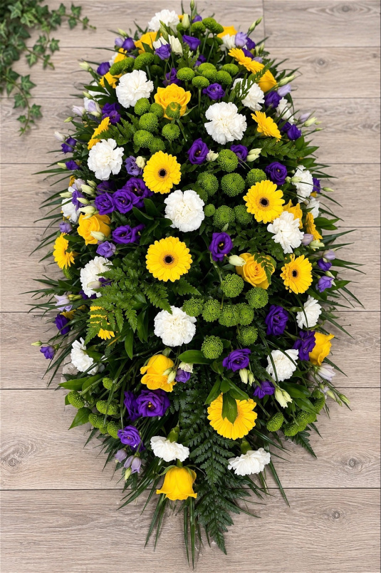 Funerals & Sympathy | Yellow, purple, green and white coffin spray