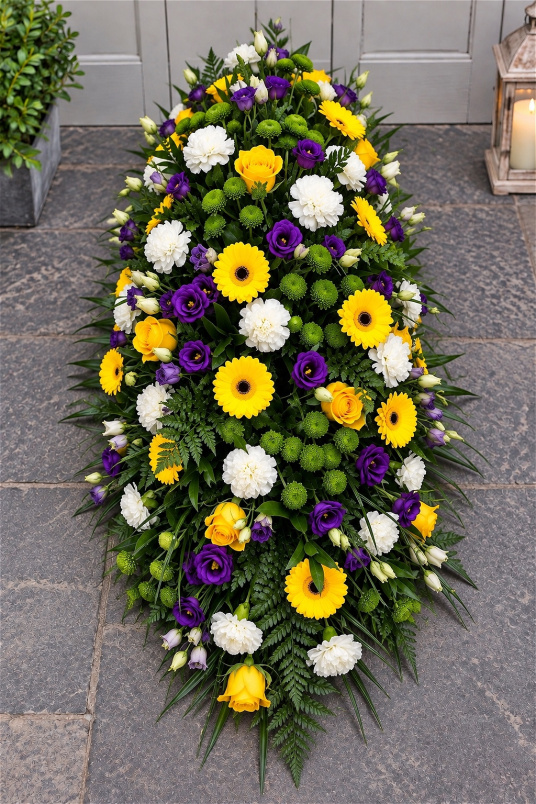 Funerals & Sympathy | Yellow, purple, green and white coffin spray