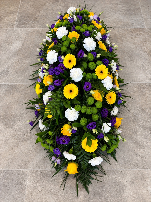 Funerals & Sympathy | Yellow, purple, green and white coffin spray