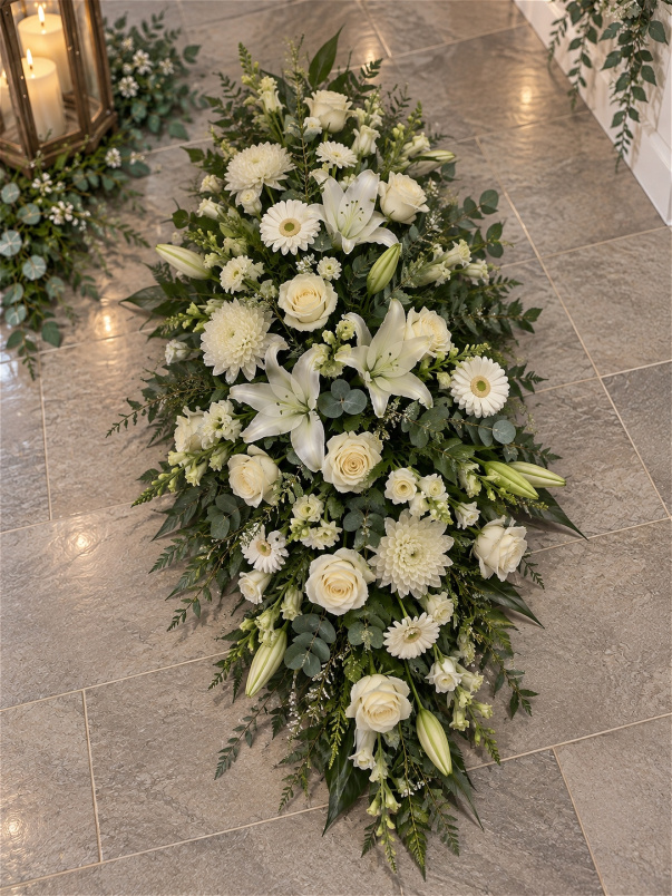 Funerals & Sympathy | White and Green Coffin Spray – Funeral Flowers