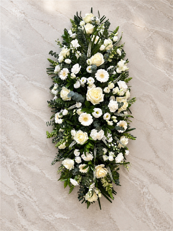 Funerals & Sympathy | White and Green Coffin Spray – Funeral Flowers