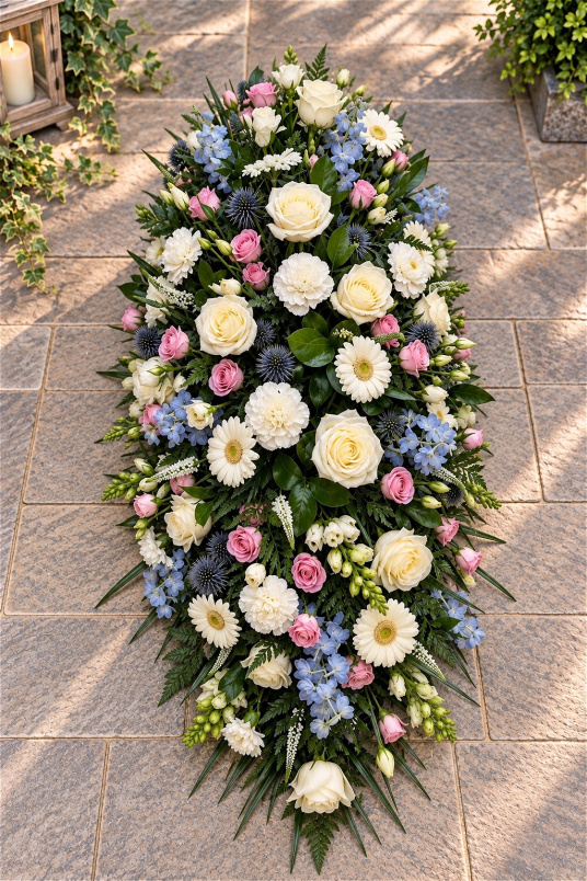 Funerals & Sympathy | White/Pink/Blue Coffin Spray