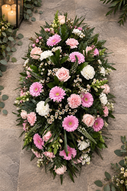 Funerals & Sympathy | Pink and White Coffin Spray